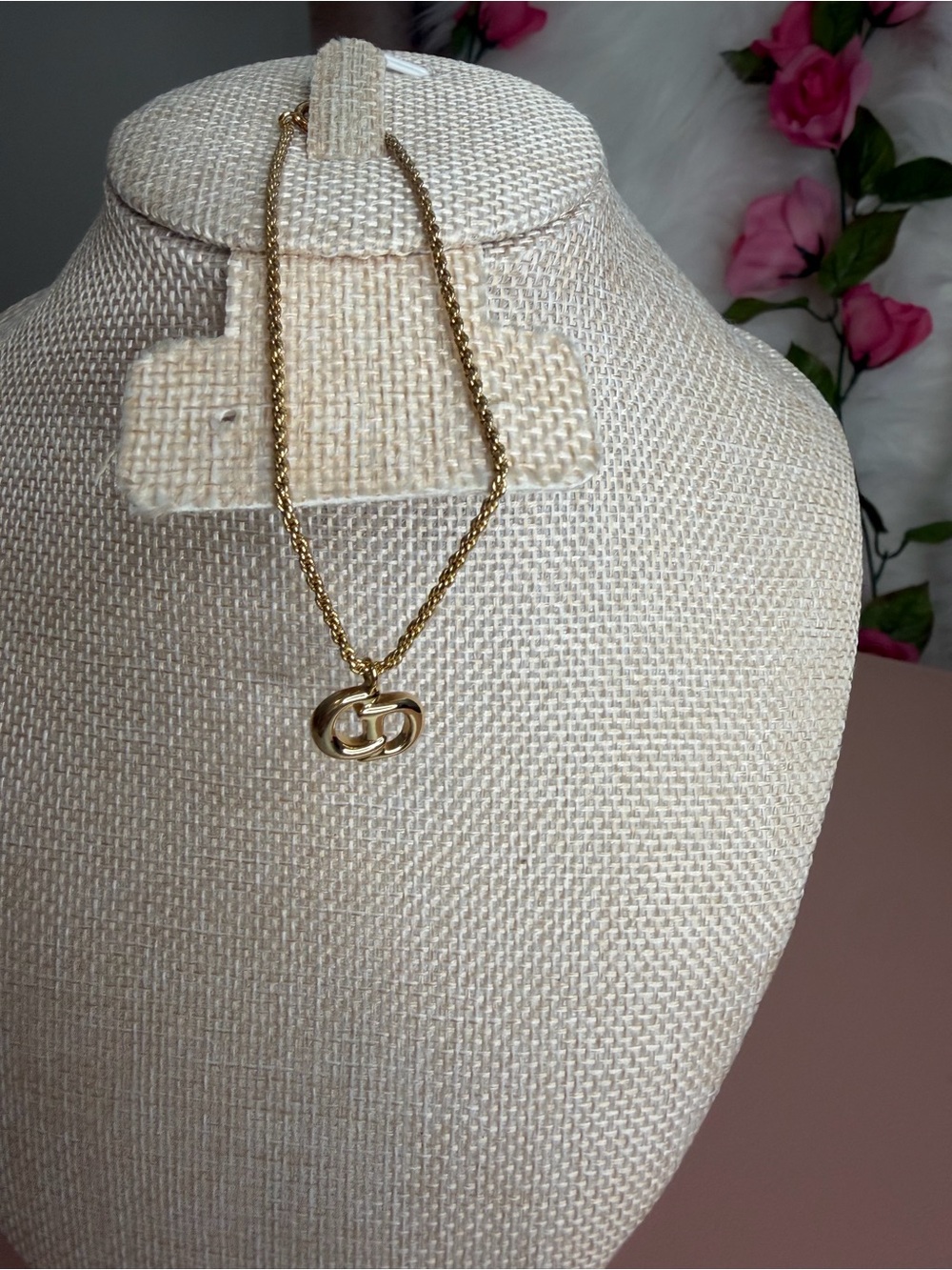 Vintage Christian Dior CD Logo Pendant Necklace Gold Tone Germany COA